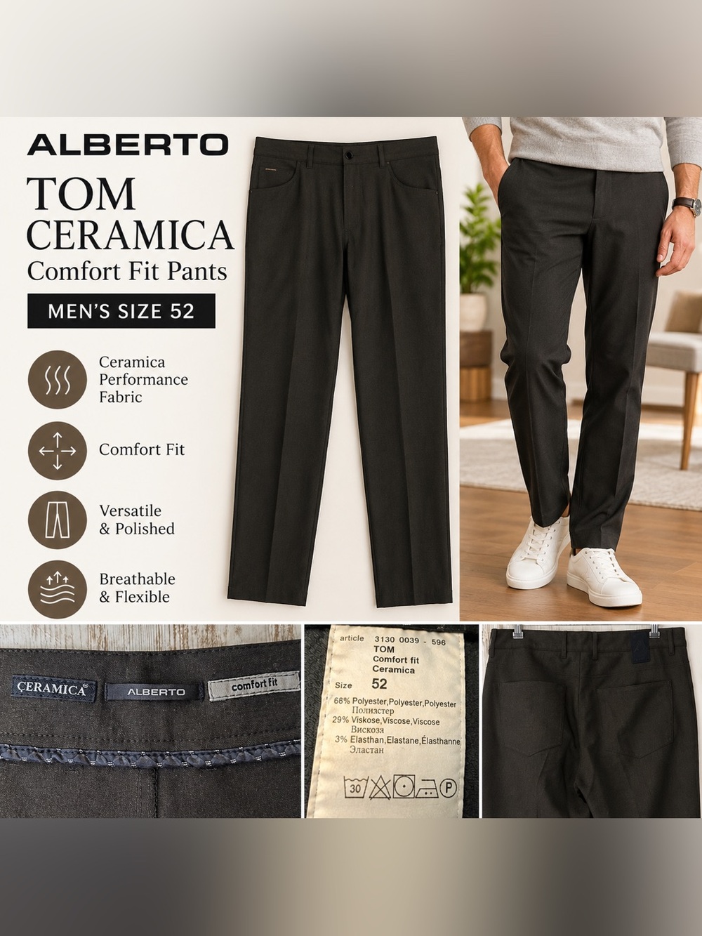Alberto TOM Ceramica Comfort Fit Pants Men’s Size 52